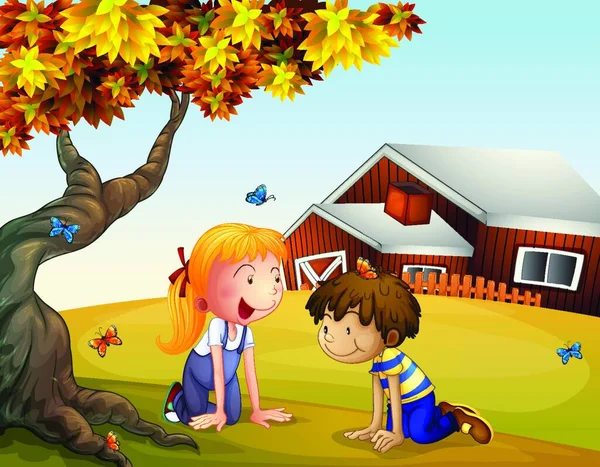 Kinder Spielen Mit Den Schmetterlingen Einem Großen Baum — Stockvektor
