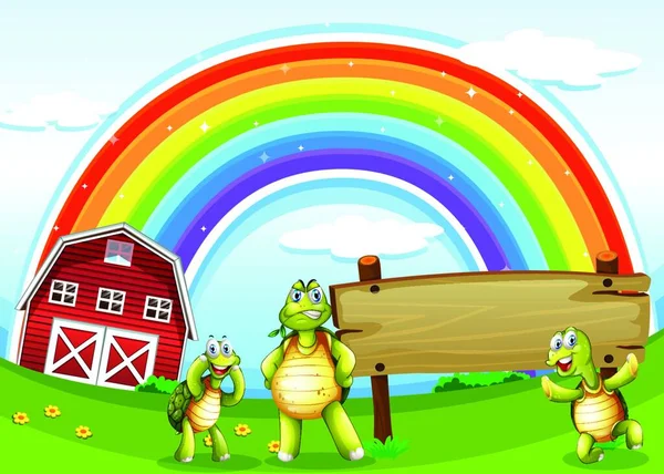 Tři Želvy Poblíž Dřevěné Vývěsní Štít Rainbow — Stockový vektor
