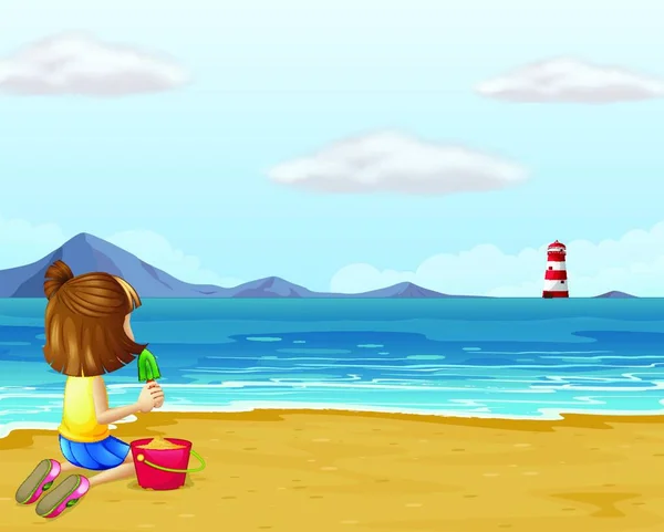 Una Giovane Ragazza Che Gioca Con Sabbia Spiaggia Illustrazione Vettoriale — Vettoriale Stock