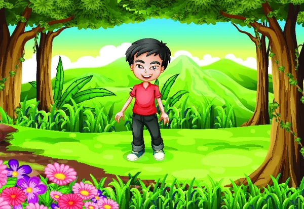 Ένα Όμορφο Αγόρι Στο Δάσος Διανυσματική Απεικόνιση Απλό Σχέδιο — Διανυσματικό Αρχείο