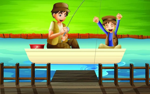 Bambini Che Catturano Pesci Illustrazione Vettoriale Design Semplice — Vettoriale Stock