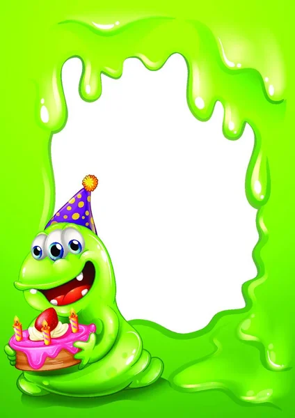 Een Groene Boordmotief Met Een Monster Houden Een Cake — Stockvector