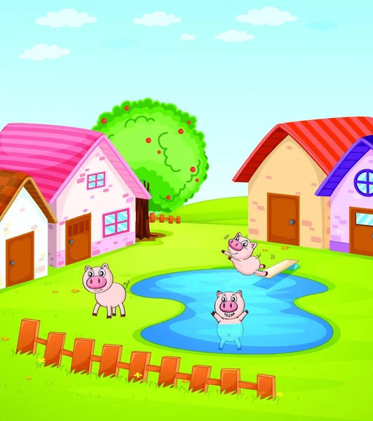 Schweine Und Häuser Vektorillustration Einfaches Design — Stockvektor