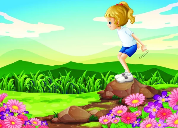 Jong Meisje Spelen Heuveltop Met Rotsen Een Tuin — Stockvector