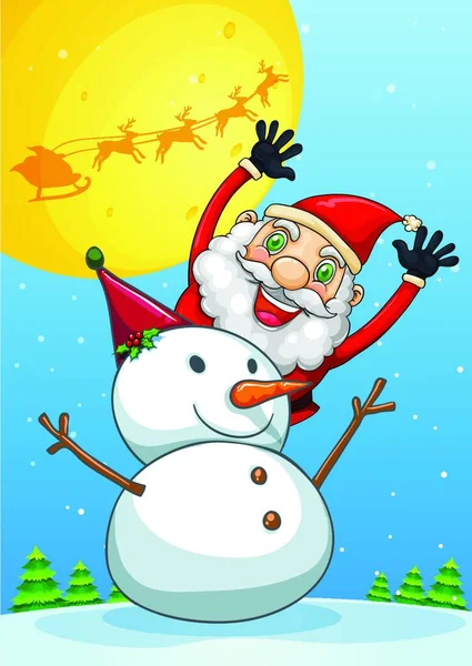 Happy Santa Claus Back Snowman — Stock Vector