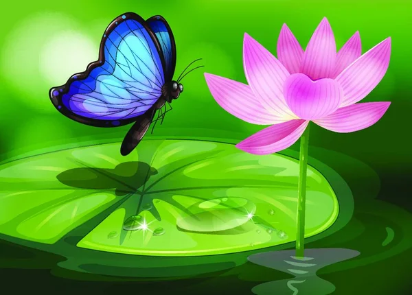 蝴蝶在池塘边的粉红花朵旁 — 图库矢量图片