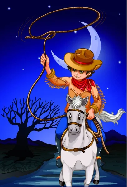 Cowboy Holding Rope While Riding Horse — Stock Vector