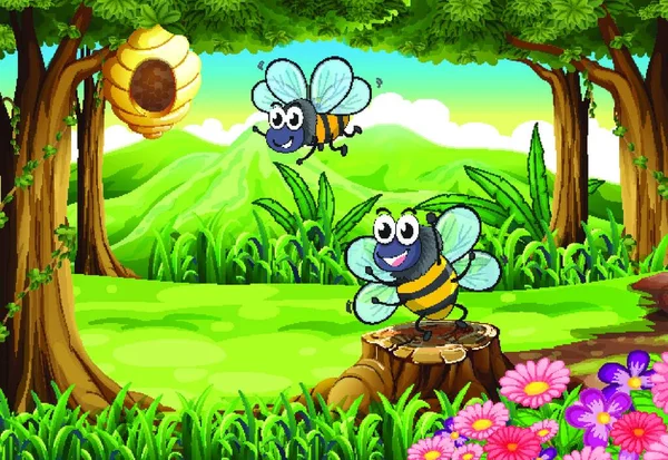 Δάσος Μέλισσες Και Μια Κυψέλη Διανυσματική Απεικόνιση Απλό Σχεδιασμό — Διανυσματικό Αρχείο