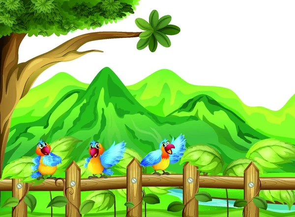 Három Színes Papagáj Vektor Illusztráció Egyszerű Tervezés — Stock Vector