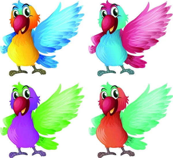 Quatro Papagaios Adoráveis Ilustração Vetorial Design Simples — Vetor de Stock