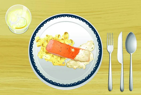 Salmon Dan Pasta Vektor Ilustrasi Desain Sederhana - Stok Vektor