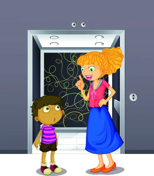 エレベーターの母親と息子ベクトルイラストシンプルなデザイン — ストックベクタ