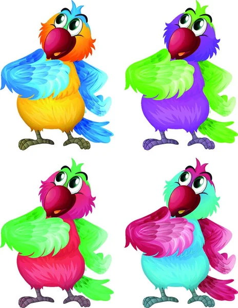Négy Színes Papagáj Vektor Illusztráció Egyszerű Tervezés — Stock Vector