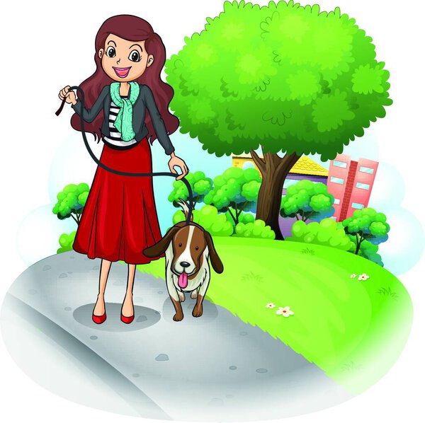 женщина с собакой на дороге, векторная иллюстрация простой дизайн