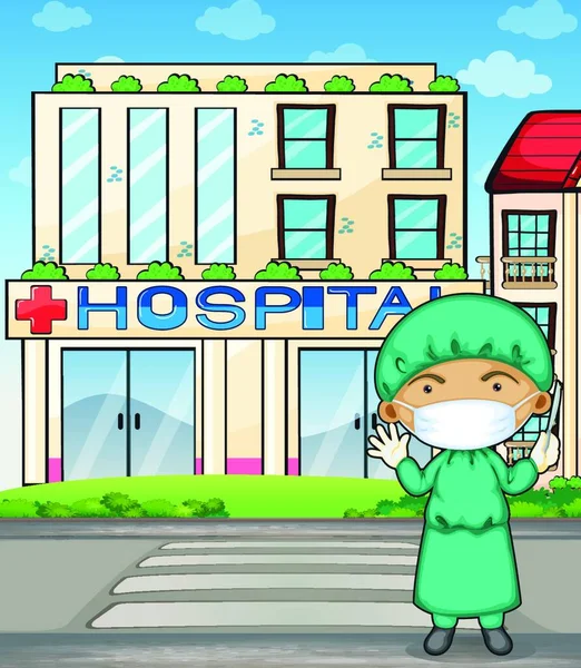 Médecin Devant Hôpital Illustration Vectorielle Design Simple — Image vectorielle