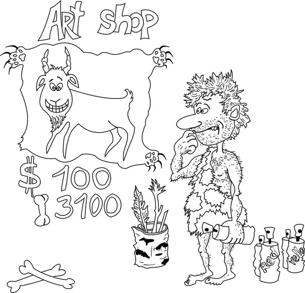 Cartoon Prehistorische Kunstenaar Contouren Vector Illustratie Eenvoudig Ontwerp — Stockvector