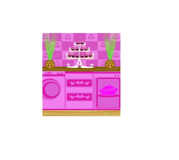 Modern Pink Kitchen Colorful Vector Illustration — 스톡 벡터