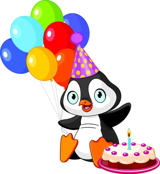 Penguin Celebrates Birthday Stylish Vector Illustration — Stock Vector