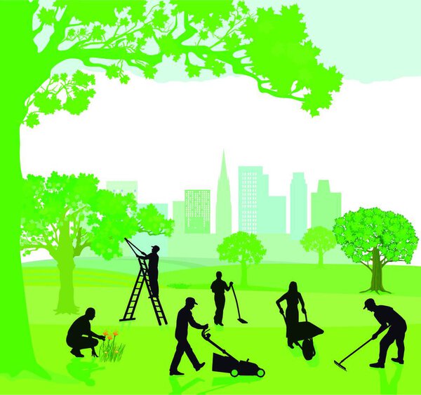 Парк с городским пейзажем, векторная иллюстрация простой дизайн