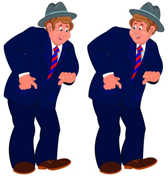 Happy Cartoon Man Standing Gray Hat Striped Tie — Stock Vector