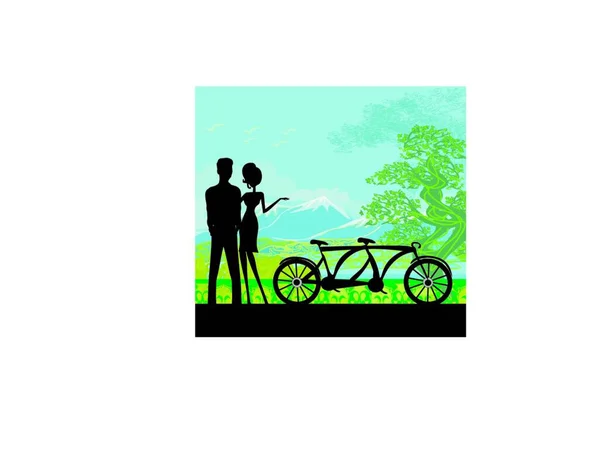 Sillhouette Doux Jeune Couple Amoureux Debout Dans Parc — Image vectorielle