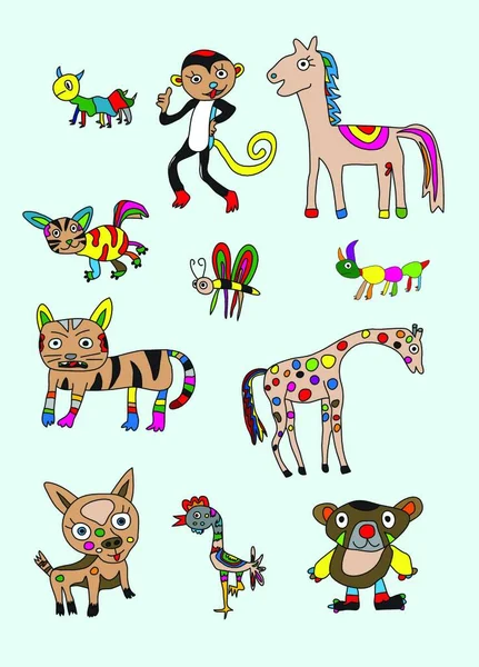 Naive Animal Set Colorful Vector Illustration — Stock Vector