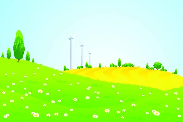Зеленый Ландшафт Ветряной Электростанцией Деревья Цветы — стоковый вектор