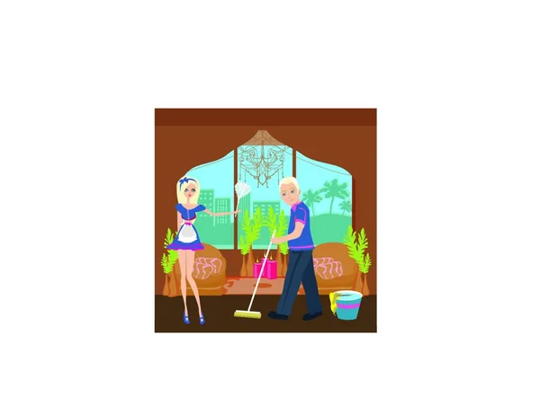 Couple Cleaning Home Flat Icon Vector Illustration — Stock Vector