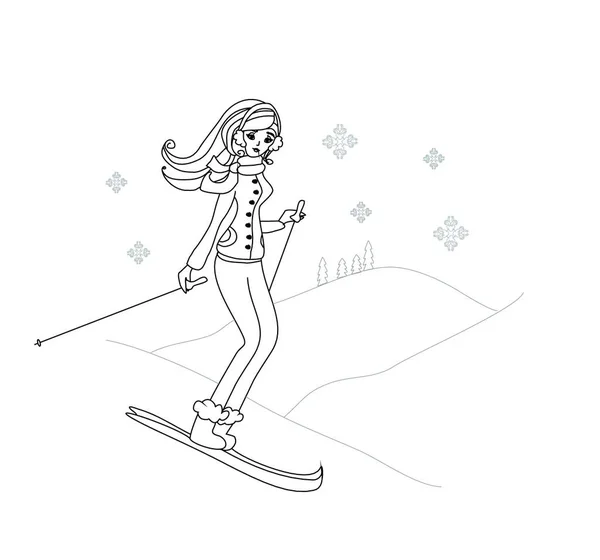 Kız Kayak Düz Simge Vektör Illüstrasyon — Stok Vektör
