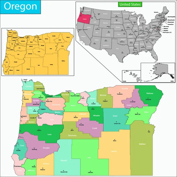 Oregonská Mapa Plochá Ikona Vektorová Ilustrace — Stockový vektor