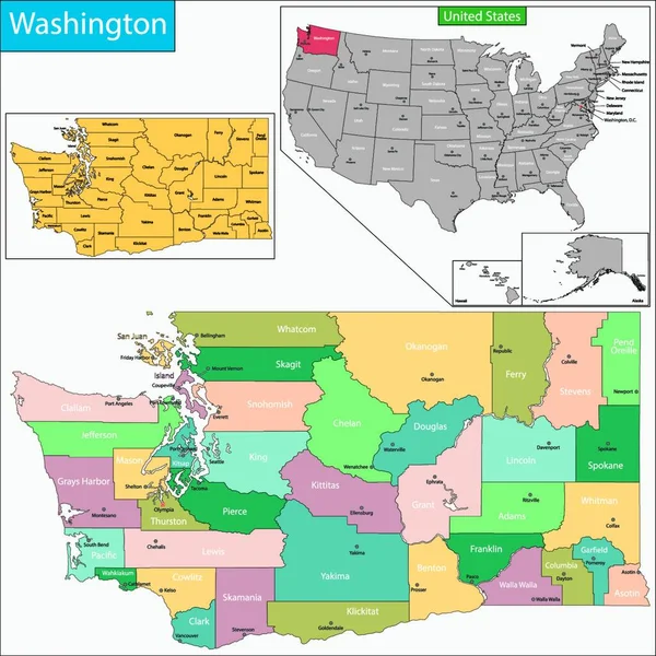 Ουάσιγκτον Χάρτη Επίπεδη Εικόνα Διανυσματική Απεικόνιση — Διανυσματικό Αρχείο