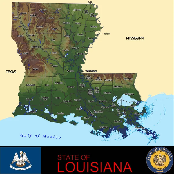 Mapa Louisianských Krajů Grafická Vektorová Ilustrace — Stockový vektor