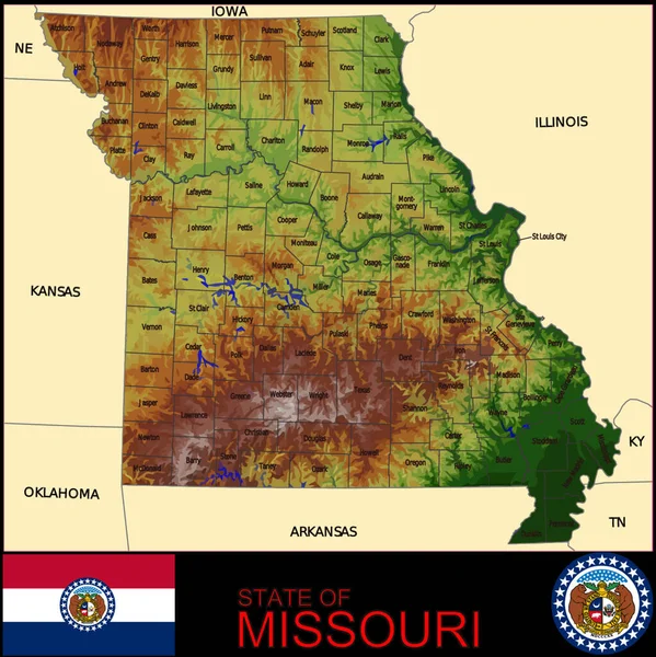 Mapa Los Condados Missouri Ilustración Vectorial Gráfica — Vector de stock
