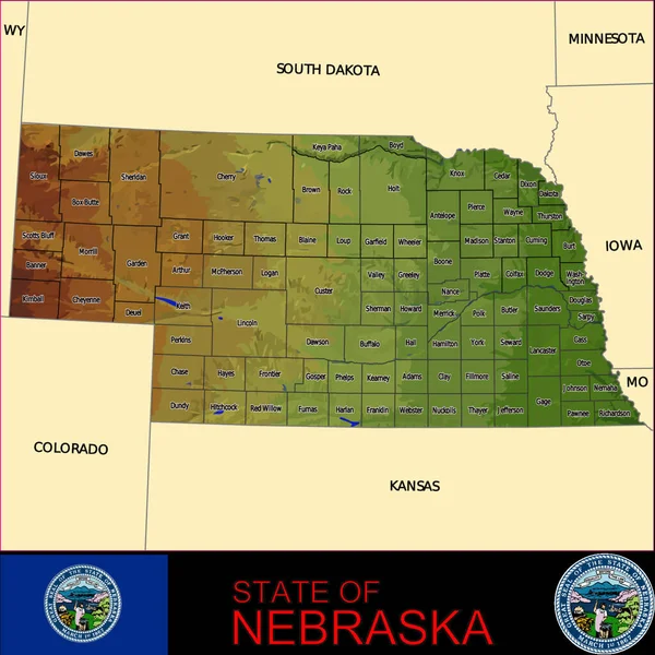 Mapa Los Condados Nebraska Ilustración Del Vector Gráfico — Vector de stock