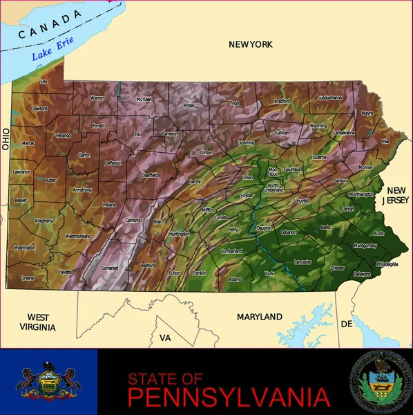 Mapa Los Condados Pennsylvania Ilustración Vectorial Gráfica — Vector de stock
