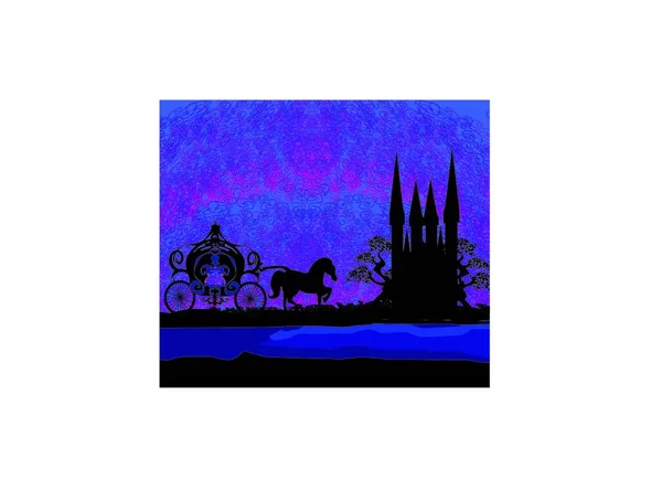 Silhouette Horse Carriage Medieval Castle — Stock Vector