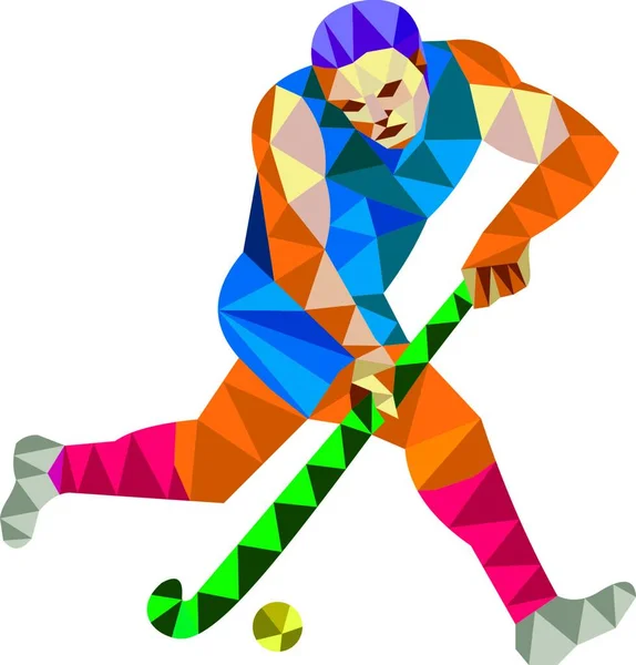 Field Hockey Player Running Stick Low Polygon — Stock Vector