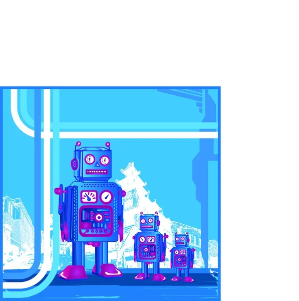 Retro Robot Family Vector Illustration Simple Design — Stock Vector