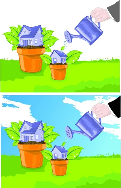 Hand Watering Houses Colorful Vector Illustration — Stock Vector