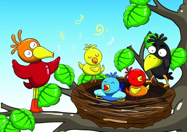 Ilustração Mãe Bebê Pássaros Cantando Nas Árvores Desenhos Animados — Vetor de Stock