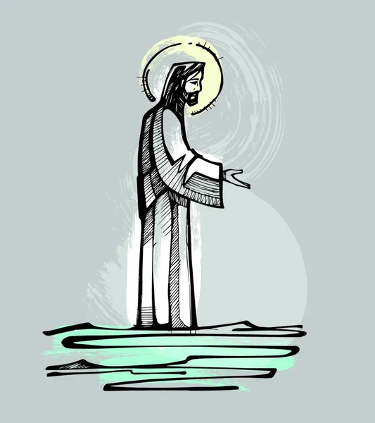 耶稣在水面上行走 — 图库矢量图片