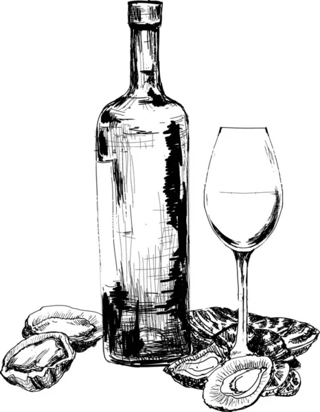 Ilustración Del Vino Las Ostras — Vector de stock