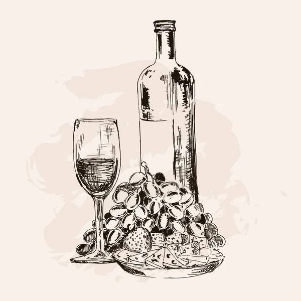 瓶葡萄酒 葡萄和小吃 — 图库矢量图片