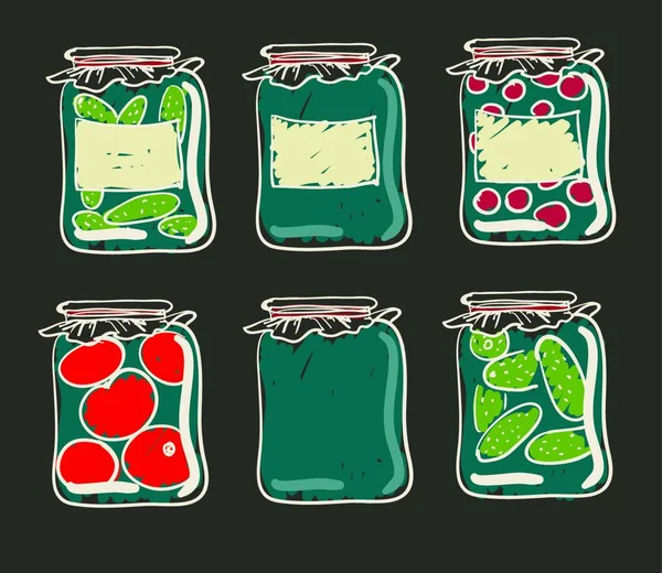 罐与保留自制蔬菜和果酱 — 图库矢量图片