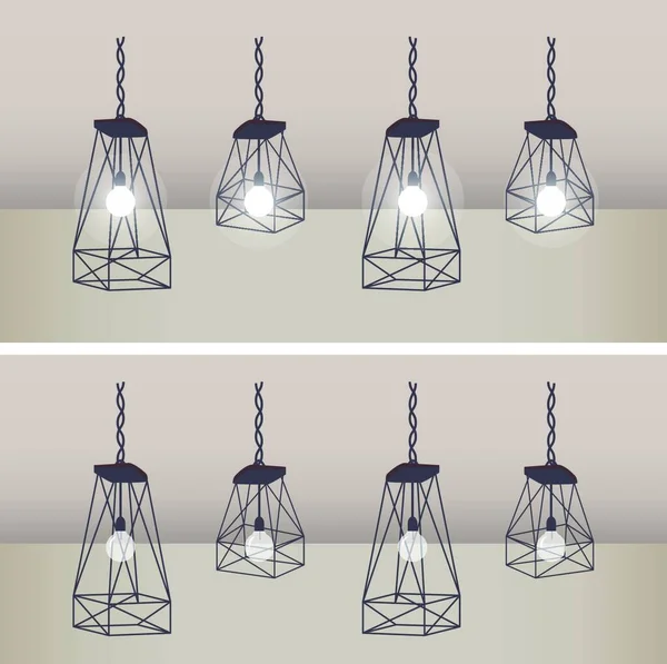 Ensemble Plafonniers Modernes Avec Cage Métal Noir Lampes Blanches — Image vectorielle