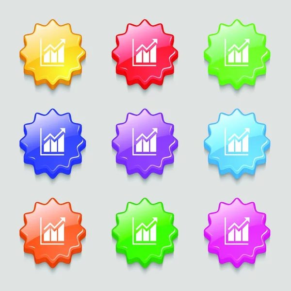 Growing Bar Chart Icon Sign Symbol Nine Wavy Colourful Buttons — Archivo Imágenes Vectoriales