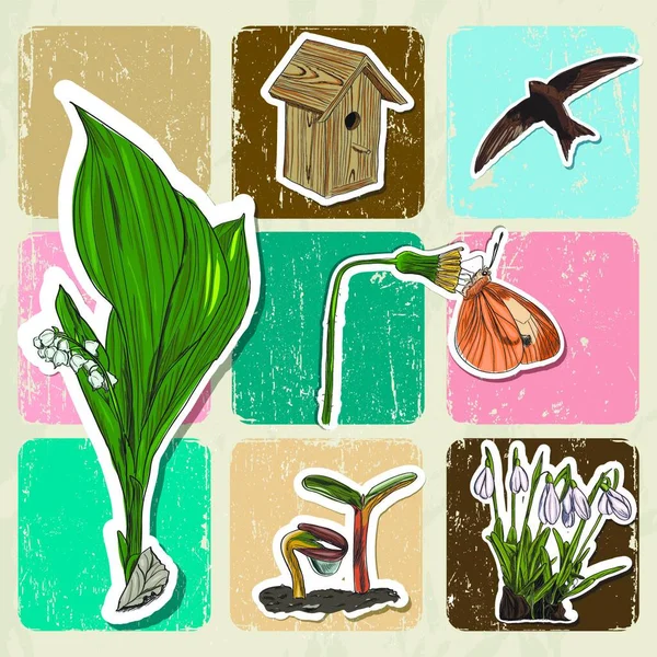 Affiche Met Lente Elementen Bloemen Vogels — Stockvector