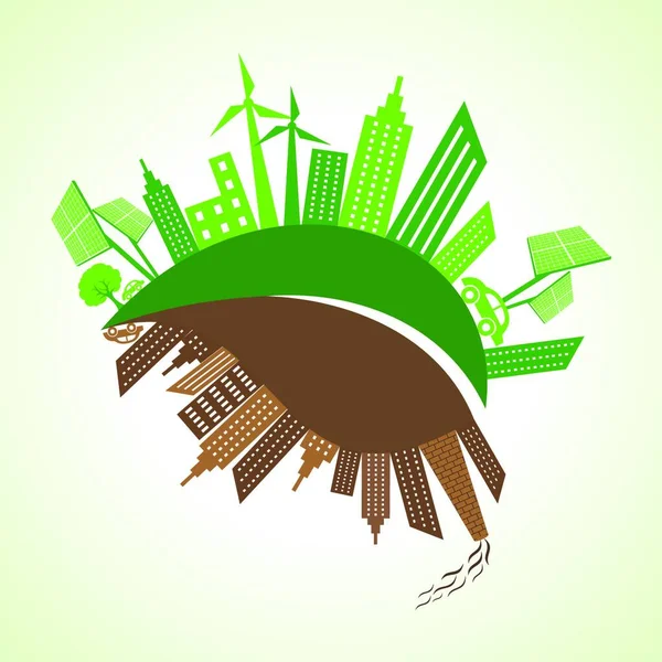 Eco Dan Konsep Kota Tercemar Dengan Vektor Saham Daun - Stok Vektor