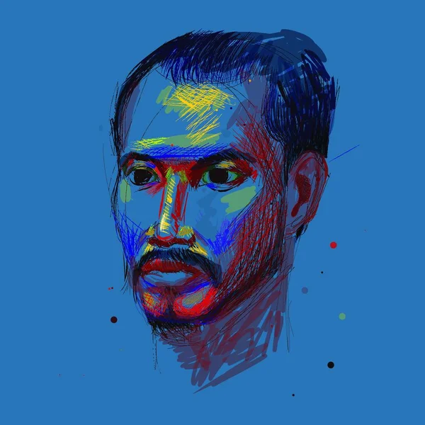 Цветной Рисунок Неопознанного Портрета Азиатского Мужчины Синем — стоковый вектор