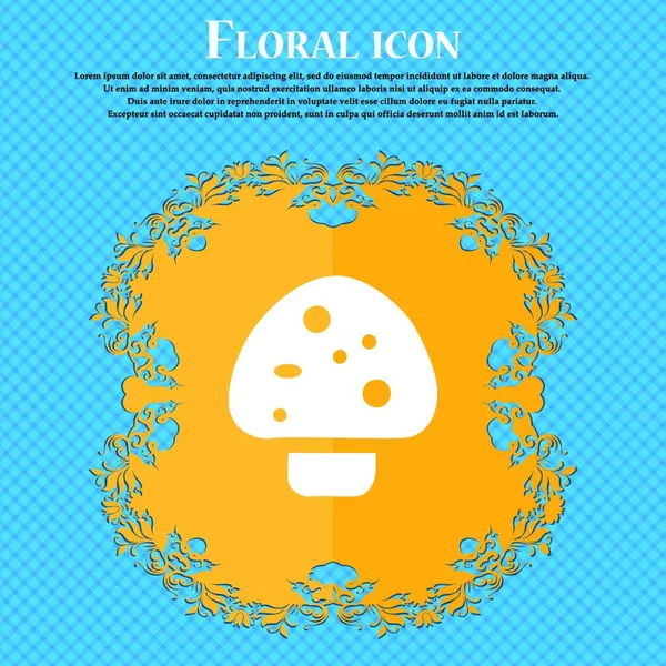 Mushroom Icon Sign Floral Flat Design Blue Abstract Background Place — Vetor de Stock